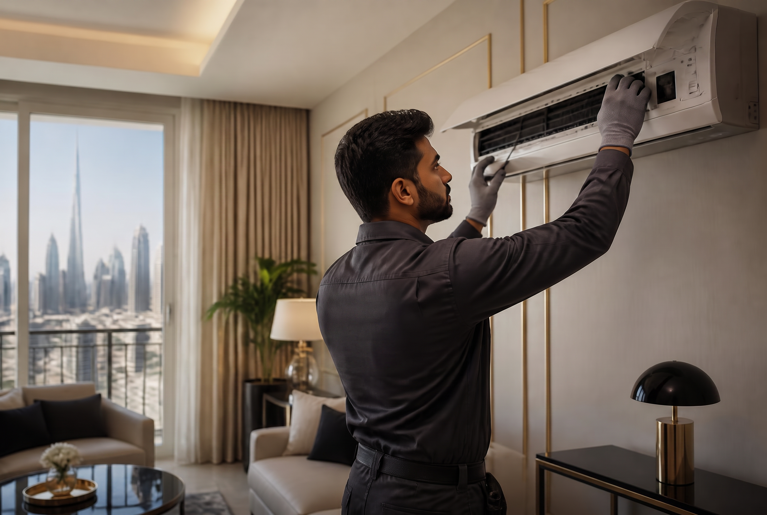 MBN technician servicing a wall-mounted split air-conditioner in a premium Dubai apartment with skyline view